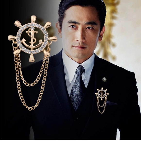 Jewelry - Rudder Brooch for Women Men Rhinestone Anchor Rudder Brooch Pins Chain Fashion